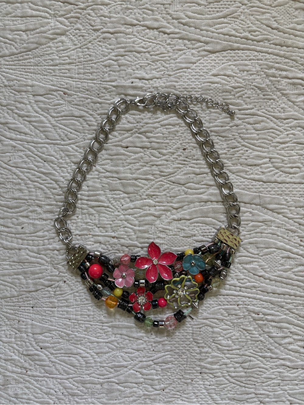 Multicolor Floral Beaded Statement Necklace - Silver Chain